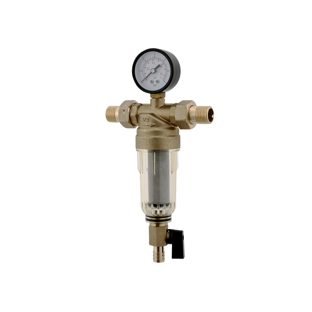 CML9904A Hot water pre-filter with pressure gauge 1/2"&3/4"&1"size stainless steel mesh filter smooth easy  clean brass